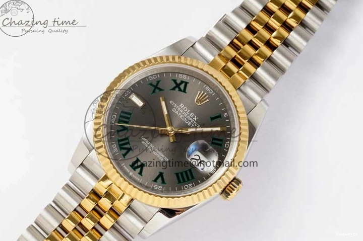 DIWF 904L SA3235 1:1 YG DateJust on Steel Bracelet Jubilee 36mm Best SS Markers Gray Dial Edition Green 0404